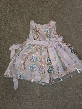 Rare Editions Pink Floral Embroidered Party Dress with Satin Bow